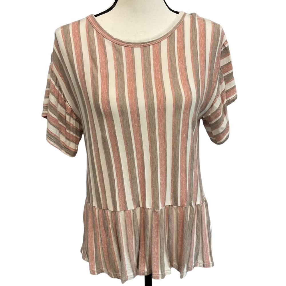 MTS Womens Juniors Small Top Stripe Ruffle Red Gray Cream Short Sleeves Fall